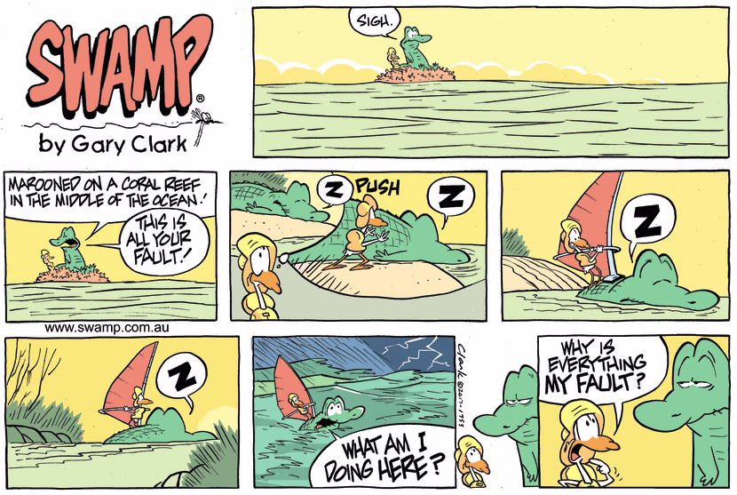 Old Man Croc is blaming Nit Picker Bird for being marooned on a coral reef in middle of ocean. Swamp Cartoon - Nit Picker Bird FaultApril 14, 2024